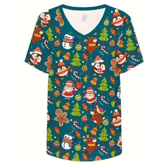 Christmas Scrub top Women’s size Medium 8-10  Santa Christmas tree Gingerbread N - Picture 1 of 3